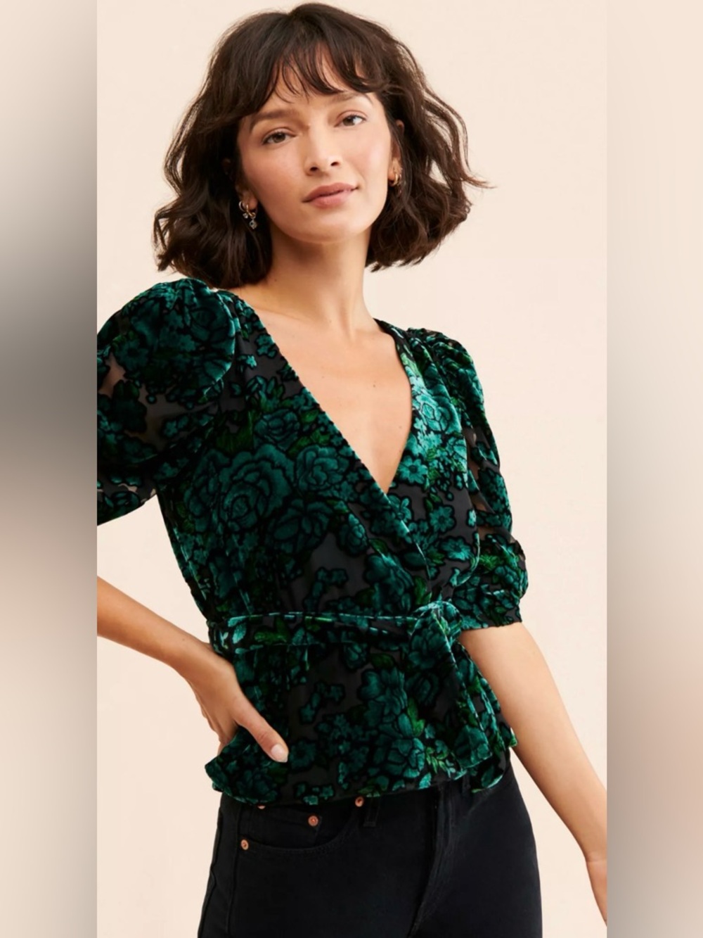 Hutch - The Betina; V-Neck Green Floral Velvet Wrap Top